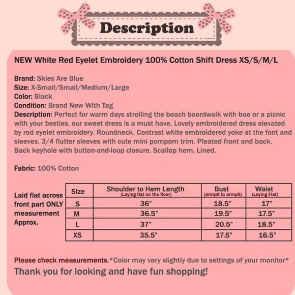 White Red Eyelet Embroidery 100% Cotton Cute Dress - Picture 10 of 10